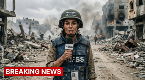Female war correspondent in press helmet and vest reporting live from a bombed city. Breaking news journalist standing in conflict zone rubble with smoke and fire in background.