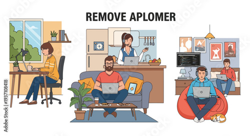Remote workers in different home office settings being productive