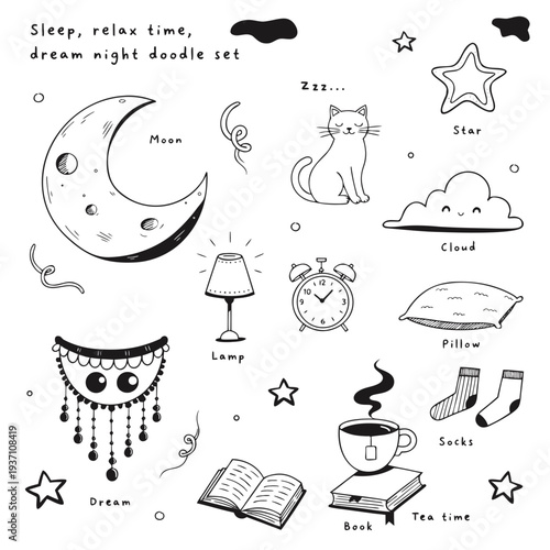 Sleep, relax time, dream night doodle set. Concept comfort night sleep time. Hand drawn sketch style. Moon, cat, star, lamp element. Vector illustration on white background. vector