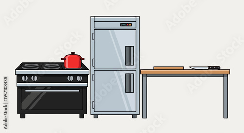 Modern kitchen appliances including stove, refrigerator, and table setup