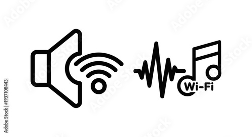 Wireless Audio Streaming Outline Icons: Speaker with Wi-Fi Signal and Music Note with Waveform for Connected Sound