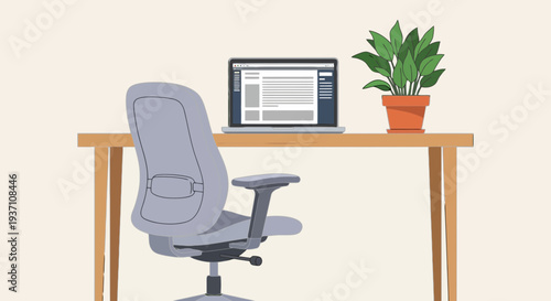 Modern office workspace with laptop and plant on wooden desk