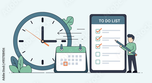 Person planning tasks on phone with calendar and clock