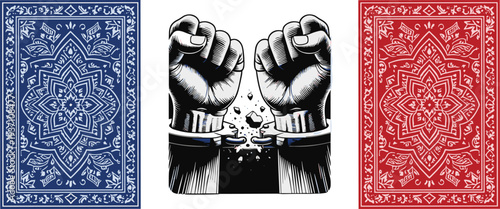 Vintage Blue and Red Playing Card Back Patterns Flanking Illustration of Clenched Fists Breaking Metal Handcuffs Symbolizing Freedom Liberation Power and Human Rights 