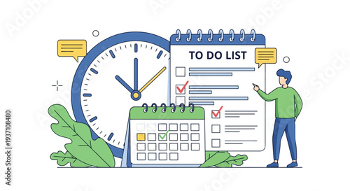 Man organizing tasks on to-do list with calendar and clock