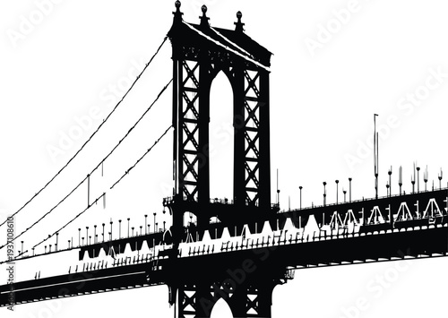 Black silhouette of Manhattan Bridge in New York City featuring suspension cables and architectural details isolated on white background for urban travel design projects (24 words)