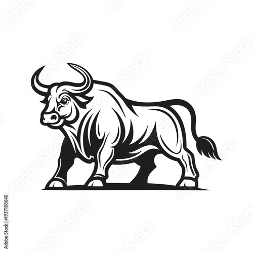 Strong black wildebeest stares forward with impressive curved horns against a stark white backdrop