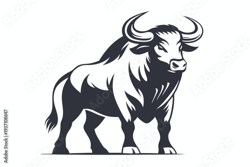 Powerful bull depicted boldly showcases strong features with prominent horns in a black monochrome style