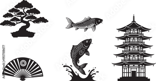 Japanese traditional black silhouette icons, bonsai tree, koi carp fish jumping, multi-tiered pagoda tower, open folding fan, zen culture vector set