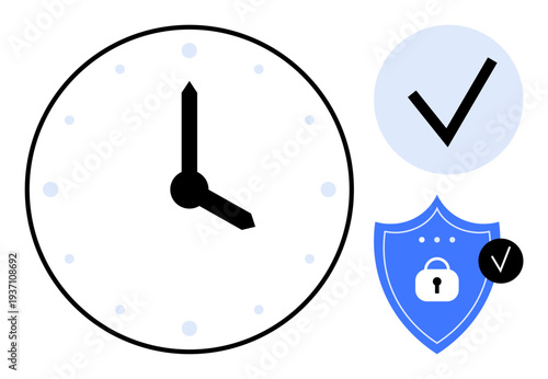 Time management concept. Clock combined with security elements thumbs up shield and checkmarks s protection and verification. Time management for productivity, cybersecurity, authentication, apps