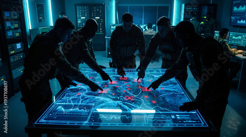 Military generals and officers in a command center using a digital map table to monitor live combat operations. Strategic defense team planning global war tactics in a war room.