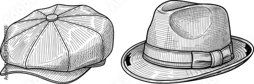 Vintage mens hat icons set with hand drawn sketch of newsboy cap and fedora isolated on white background for fashion and retro design