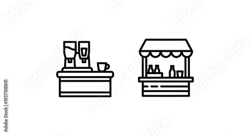 Drink Counter and Beverage Stall Icons: Refreshment Stand, Food Service, Market Kiosk, and Festival Booth Vector Graphic