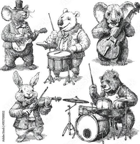 Generated on Animals playing musical instruments set, musician animals cartoon characters. Sketch scratch board imitation