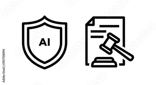 AI Protection and Legal Compliance Icons: Artificial Intelligence Ethics, Data Security, and Regulatory Framework Vector