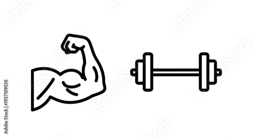 Strong Muscular Arm and Dumbbell Weightlifting Icons: Symbols for Fitness, Strength Training, Workout, and Bodybuilding Concepts