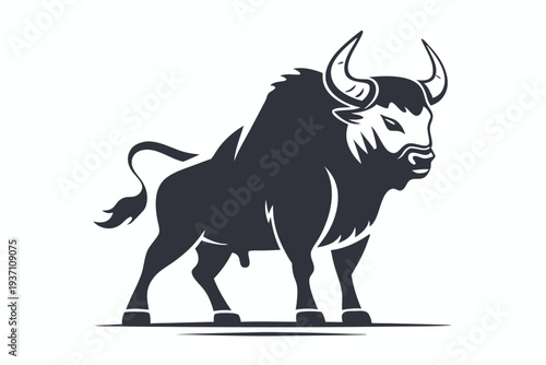 A muscular black bull with sharp horns stands powerfully in monochrome vector