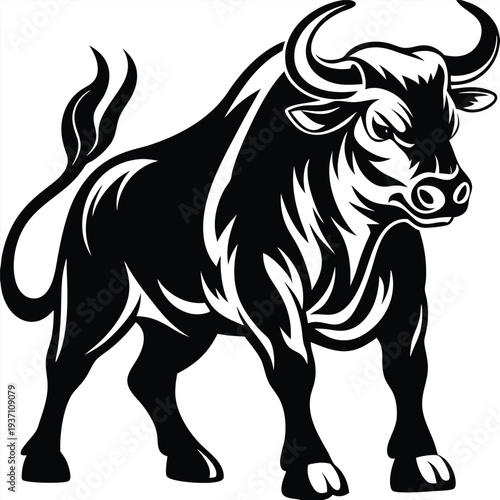 Powerful bull presents formidable features with strong build and prominent horns against a simple backdrop