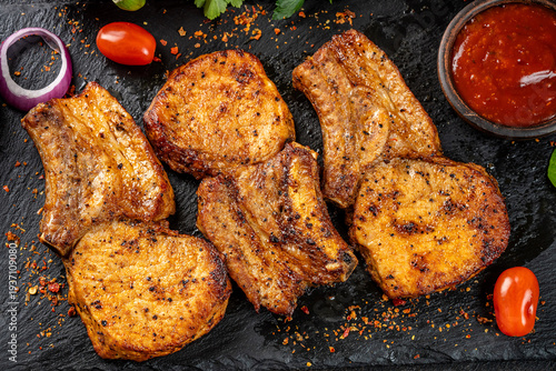 Bild auf Leinwand Grilled pork steak with spice and sauce