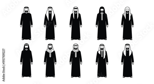 Silhouettes of arab men in traditional clothing various poses shown