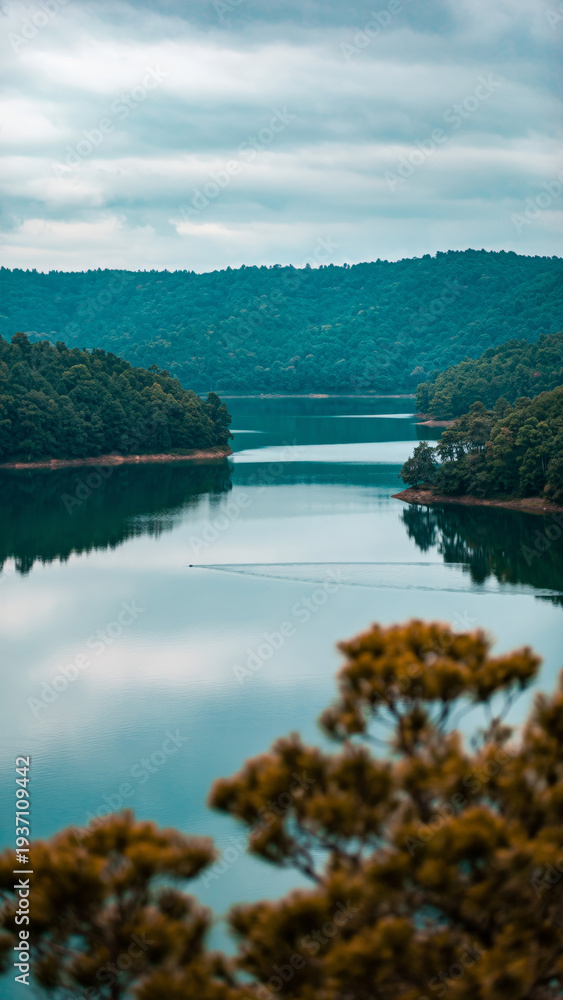 Naklejka premium A serene river flowing between lush green hills under a cloudy sky.