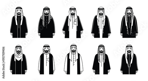 Silhouettes of arab men in traditional clothing various poses shown