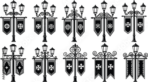 Ornate vintage street lamp silhouettes featuring decorative banners with various heraldic and gothic patterns isolated on a white background.