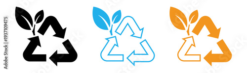 Recycling symbols with leaf motifs in black blue and orange