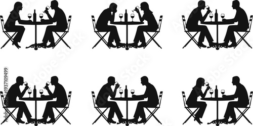 Set of romantic couple silhouettes sitting at cafe table drinking wine, showing conversation stages, dating interaction, love relationship concept isolated on white background