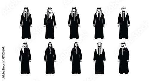 Silhouettes of arab men in traditional clothing various poses shown