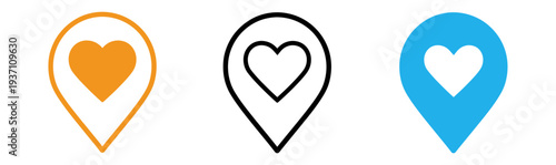 Set of heart shaped location pin icons in orange black and blue