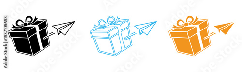 Gift boxes with paper airplanes in three colors