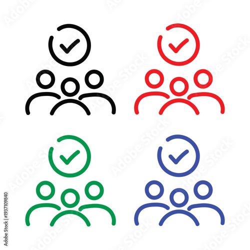 Customer loyalty, join our team, employee attendance outline icons. Line signs group of three people with checkmark. Vector isolated pictograms for web and app on white background editable stroke.