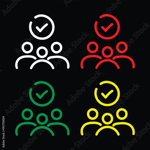 Customer loyalty, join our team, employee attendance outline icons. Line signs group of three people with checkmark. Vector isolated pictograms for web and app on white background editable stroke.