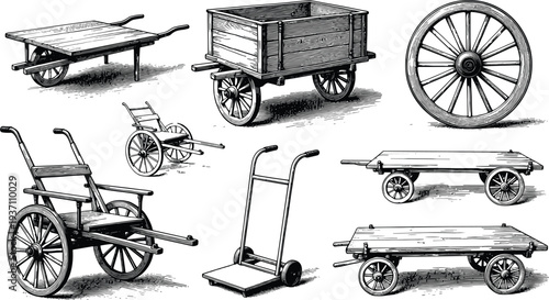 Vintage Engraving Collection Of Antique Wooden Carts Hand Trucks And Wagon Wheels Featuring Detailed Line Art For Industrial History Transportation And Rustic Agricultural Design