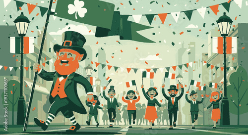 St patrick's day celebration with joyful leprechaun leading festive parade
