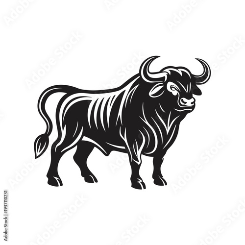 Strong bull stands tall with imposing horns, demonstrating power and dominance in monochrome