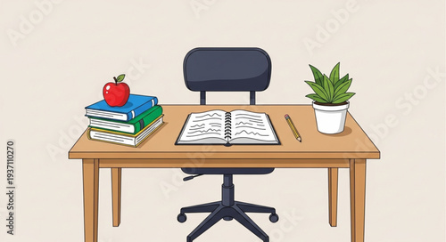 Minimalist Wooden Desk with Office Supplies and Plant.