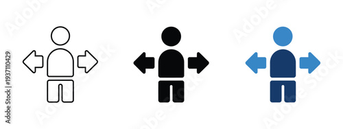 Decision making icon, person with multiple directional arrows, symbolizing choice, responsibility, control, leadership, management, strategic planning, and business decision-making concepts.