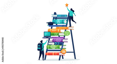 Education Ladder to Success and Achievement. People climbing book steps toward a goal star, symbolizing learning, career growth, and knowledge accumulation.