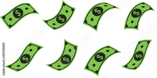Flying Dollar Money Bills Set with Cartoon Cash Banknotes Financial Currency Icons Vector Illustration