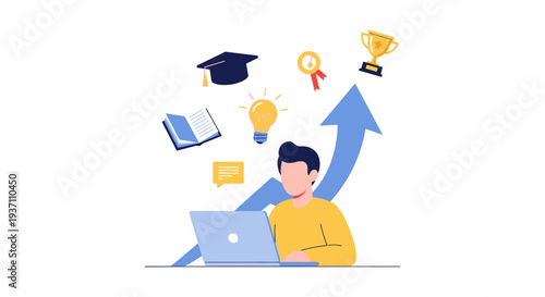 Digital Learning and Career Growth Concept. Man on laptop gaining knowledge, success, innovation, and educational achievement.