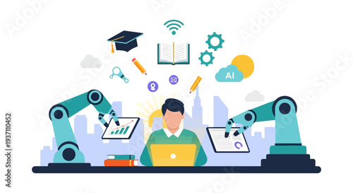 AI Education and Automation: Future Learning Concept with Student, Robotic Arms, and Digital Knowledge Symbols.