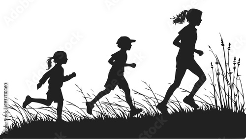 Children Running in Grass Silhouette Outdoor Summer Play and Freedom Vector