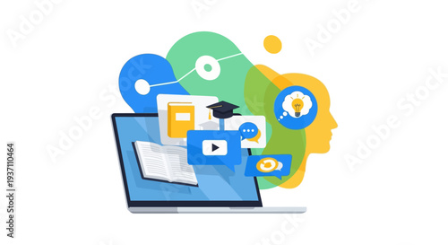 E-learning and Online Education Concept. Digital Knowledge Acquisition, Distance Learning Platform, and Remote Study via Laptop with Academic Icons.