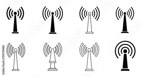 Multiple black and white illustrations of wireless communication tower icons