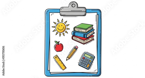Clipboard with School Supplies and Educational Items.