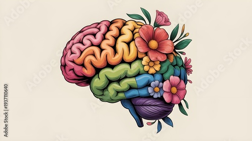 Human brain with spring colorful flowers. World Mental Health day banner. Concept of mental health, self care, happiness, harmony, positive thinking, creative mind. Generative ai.