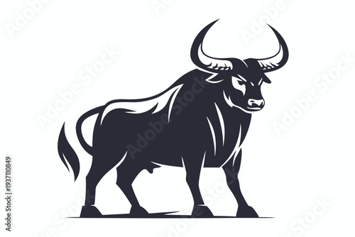 A bold black and white bull stands poised on a stark white backdrop