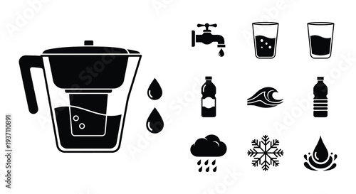 Water filtration system icons including a pitcher drops and related elements